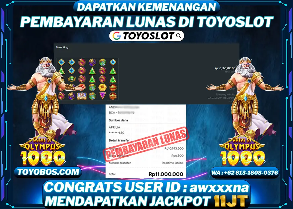 TOYOSLOT - BUKTI KEMENANGAN Gates Of Olympus 1000x Rp11,000,000,- LUNAS